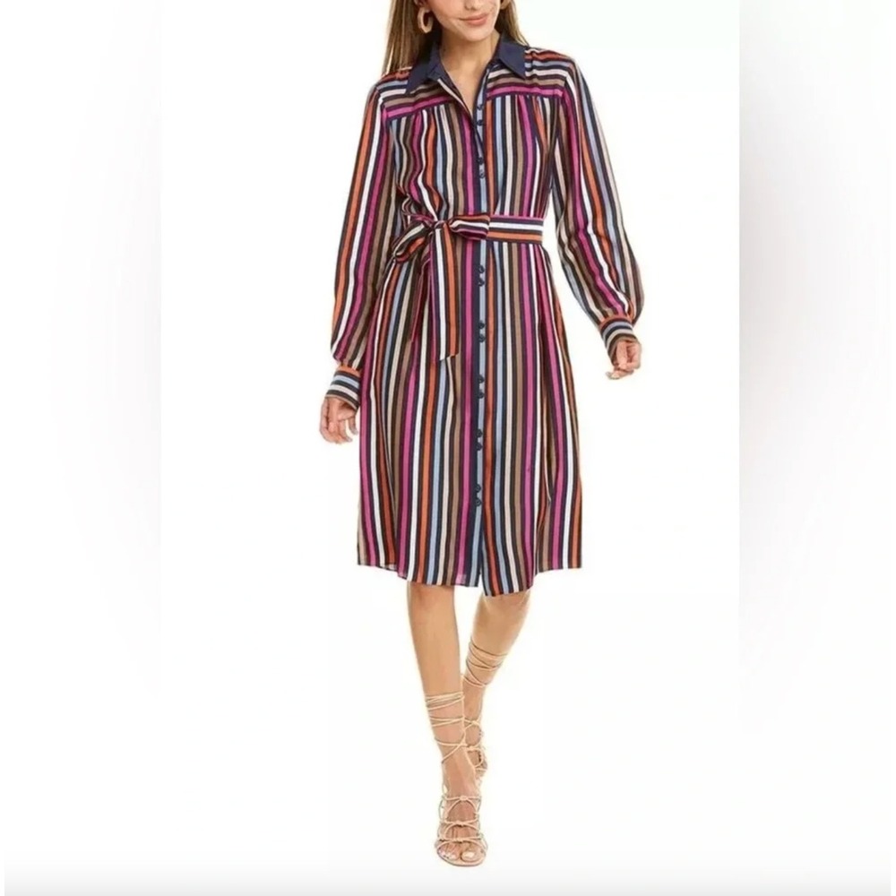 Trina‎ Turk Lamarr Striped Button Up Belted Silk Lined Dress Preppy Retro Size 0